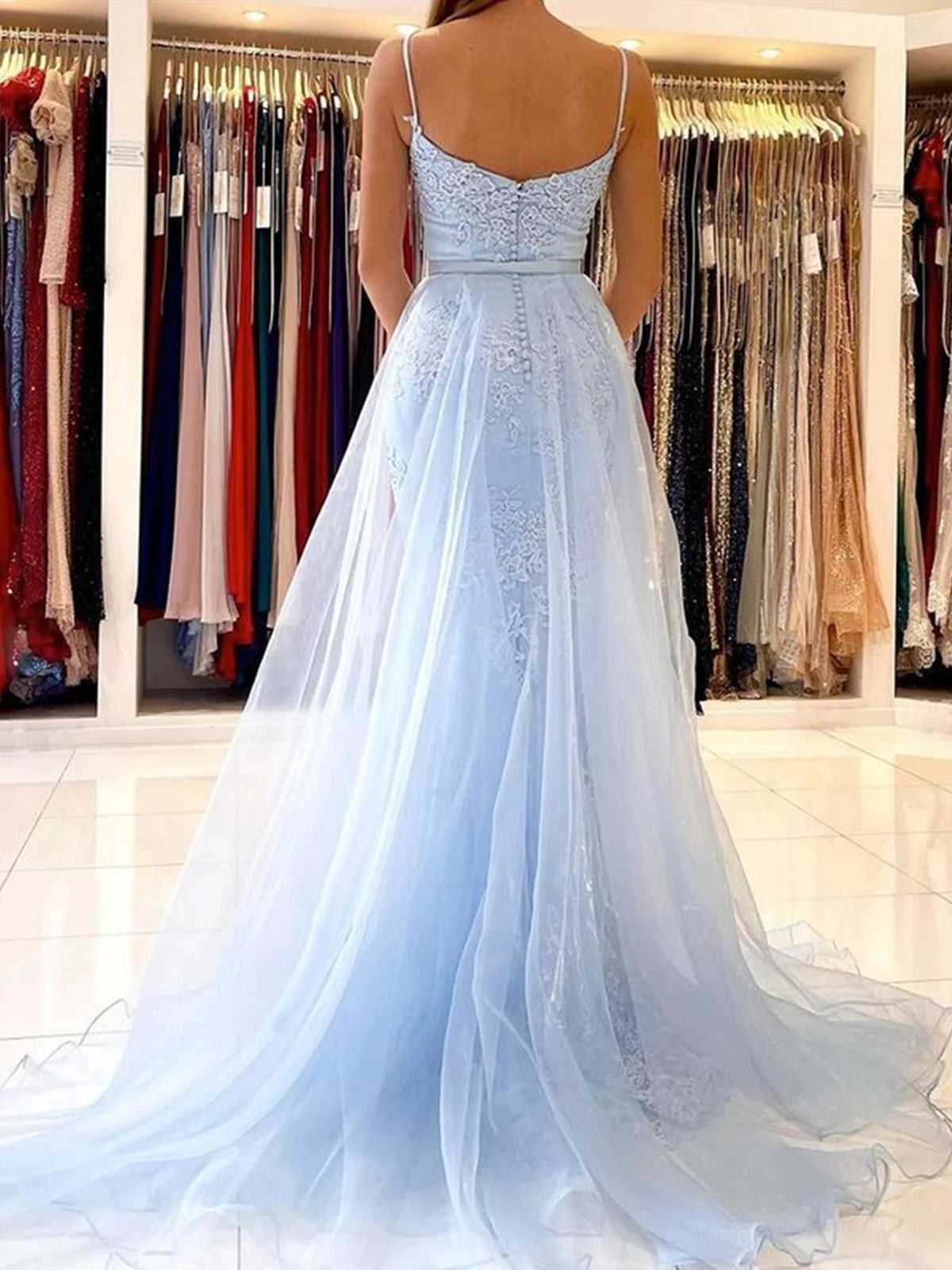 Sky Blue Lace Mermaid Prom Dresses